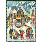 Adventskalender Weihnachten im Dorf von Sellmer A4, Kinder mit Schlitten und Tannenbaum im verschneiten Dorf