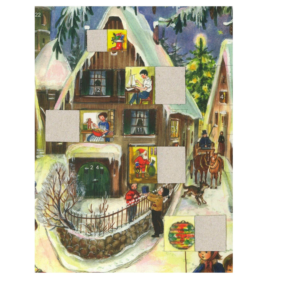 Adventskalender Weihnachten im Dorf von Sellmer A4 mit geöffneten Türchen