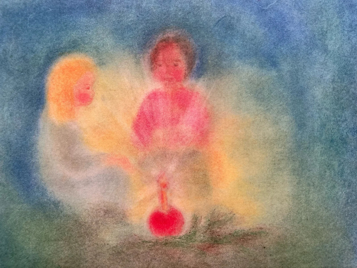 Postkarte Adventslicht von Andrea Reiß: zwei Kinder zünden eine Kerze an