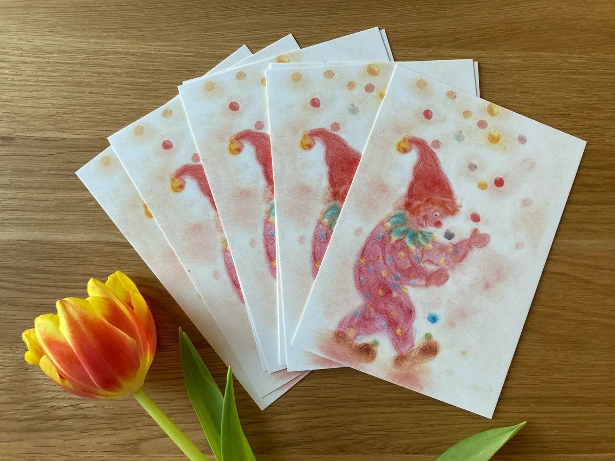 Postkarte Clown von Andrea Reiß: jonglierender Clown, Ansicht 2