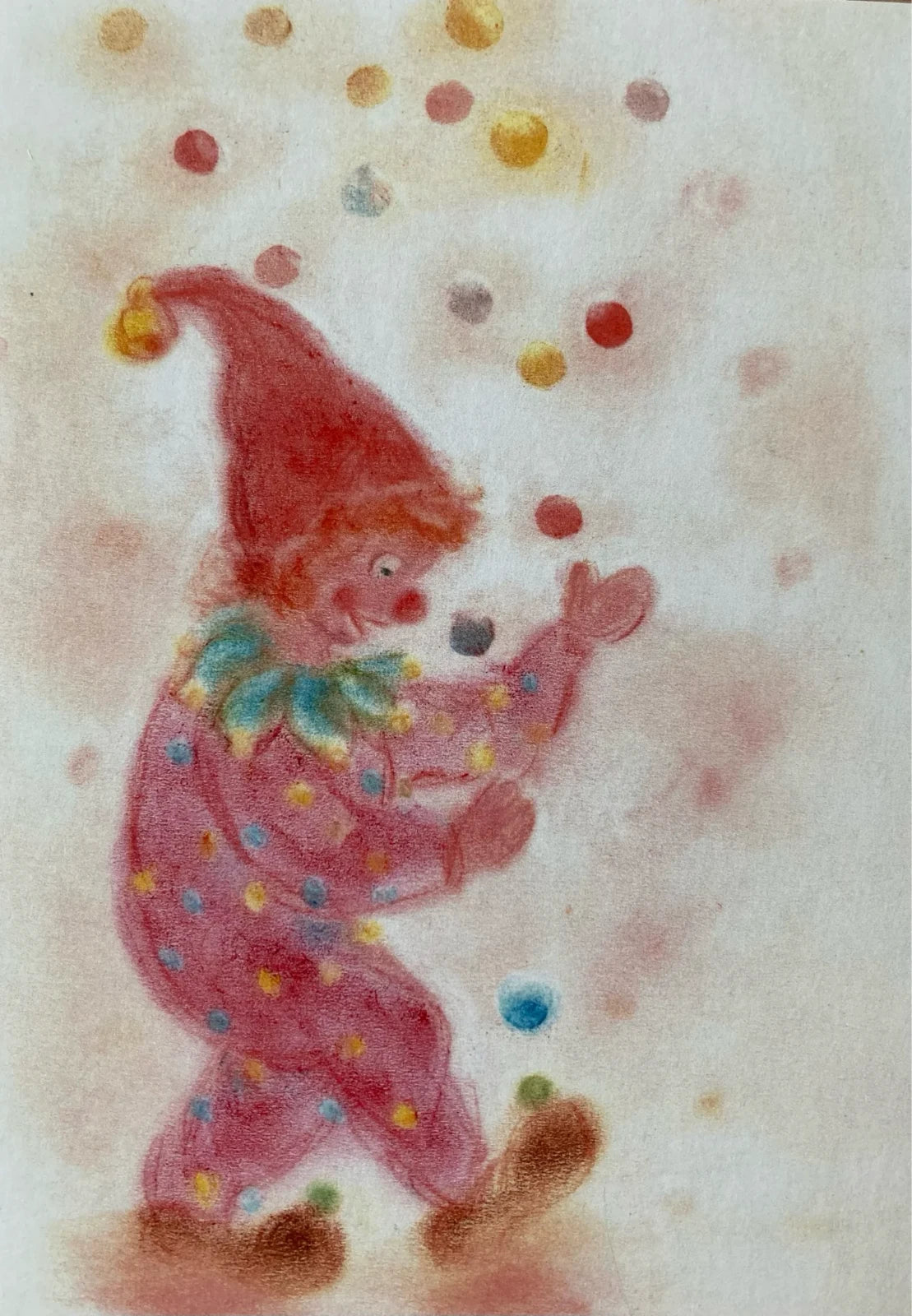 Postkarte Clown von Andrea Reiß: jonglierender Clown