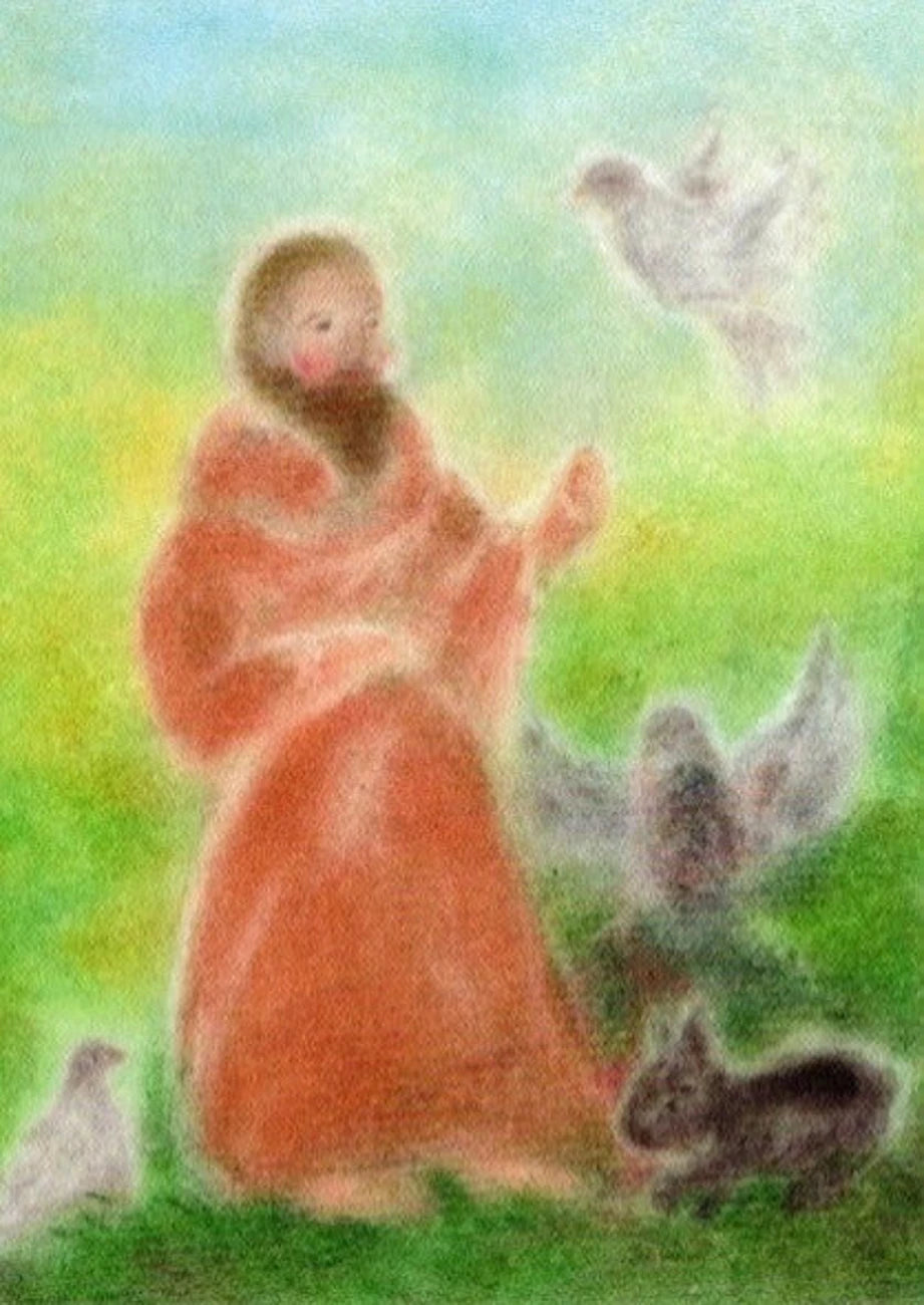 Postkarte Franz von Assisi von Andrea Reiß: Franz von Assisi umgeben von Tieren