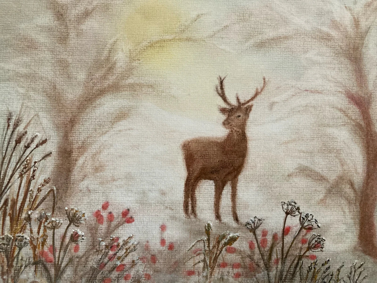 Postkarte Hirsch von Andrea Reiß: Hirsch in einer winterlichen Landschaft
