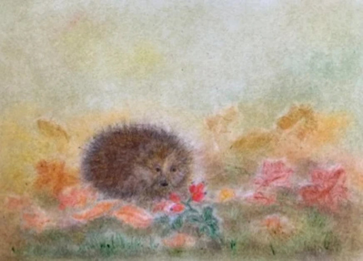 Postkarte Igel im Herbst von Andrea Reiß: Igel zwischen fallenden Herbstblättern