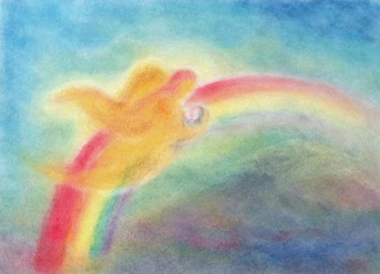 Postkarte In Liebe getragen von Andrea Reiß: Engel schwebt auf einem Regenbogen