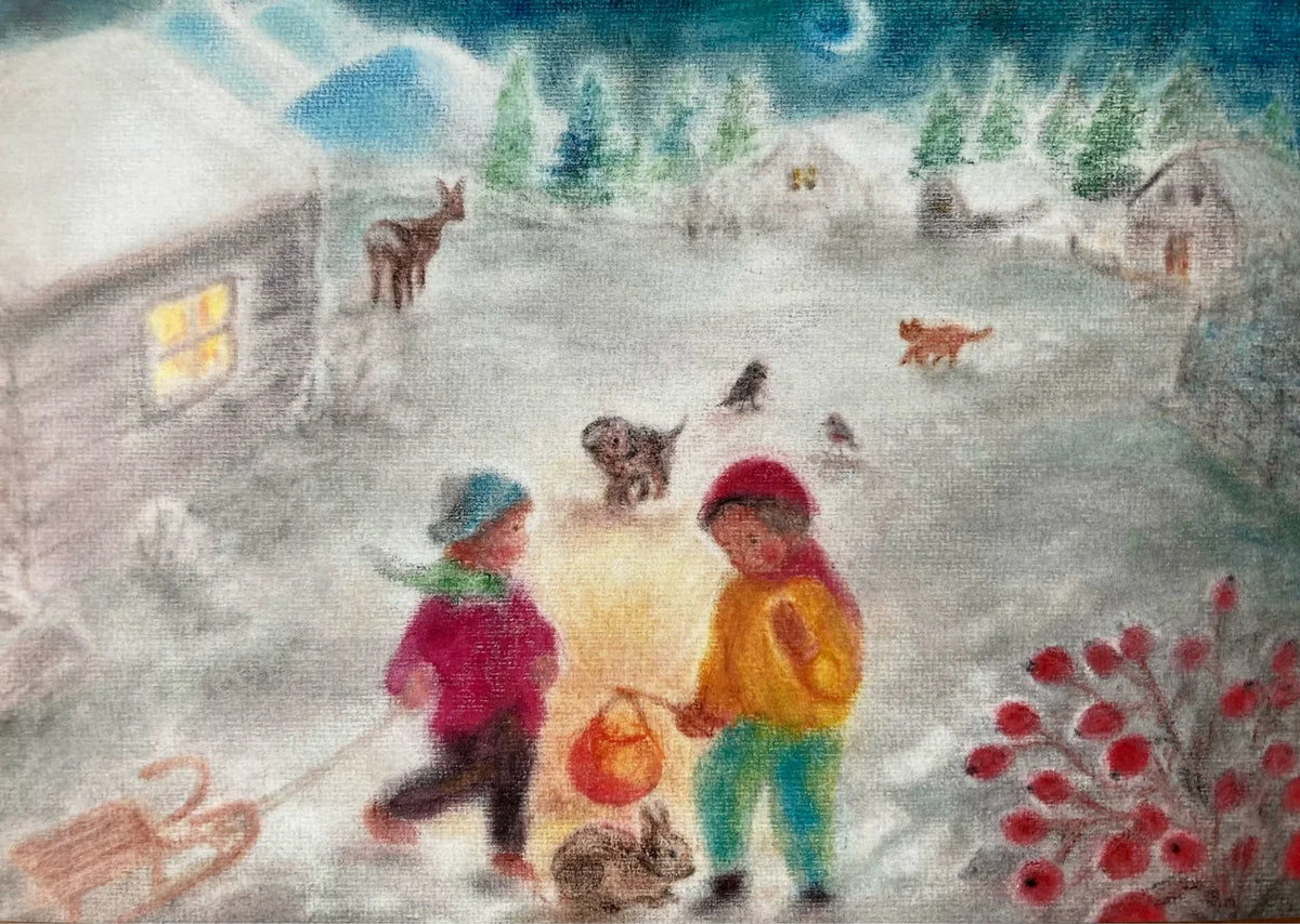 Postkarte Kinder im Schnee von Andrea Reiß: zwei Kinder mit Tieren in einem verschneiten Dorf