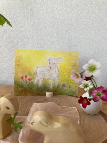 Postkarte Lämmchen von Andrea Reiß: Lämmchen auf einer Frühlingswiese, Ansicht 3