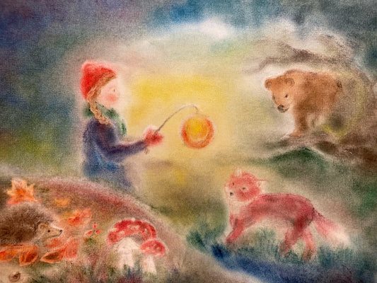 Postkarte Laternenkind mit Tieren von Andrea Reiß: Kind mit Laterne, Fuchs, Igel und Bär im Herbstwald