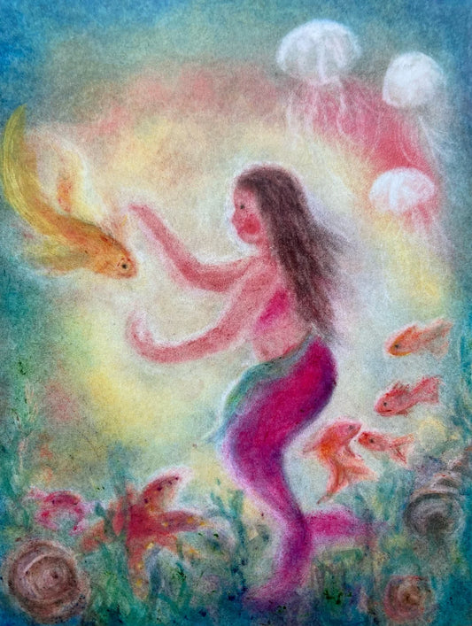 Postkarte Meermädchen von Andrea Reiß: Meermädchen mit Fischen, Quallen und Korallen unter Wasser