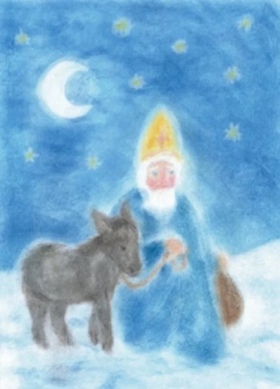 Postkarte Nikolaus von Andrea Reiß: Nikolaus mit Esel in einer verschneiten Winternacht