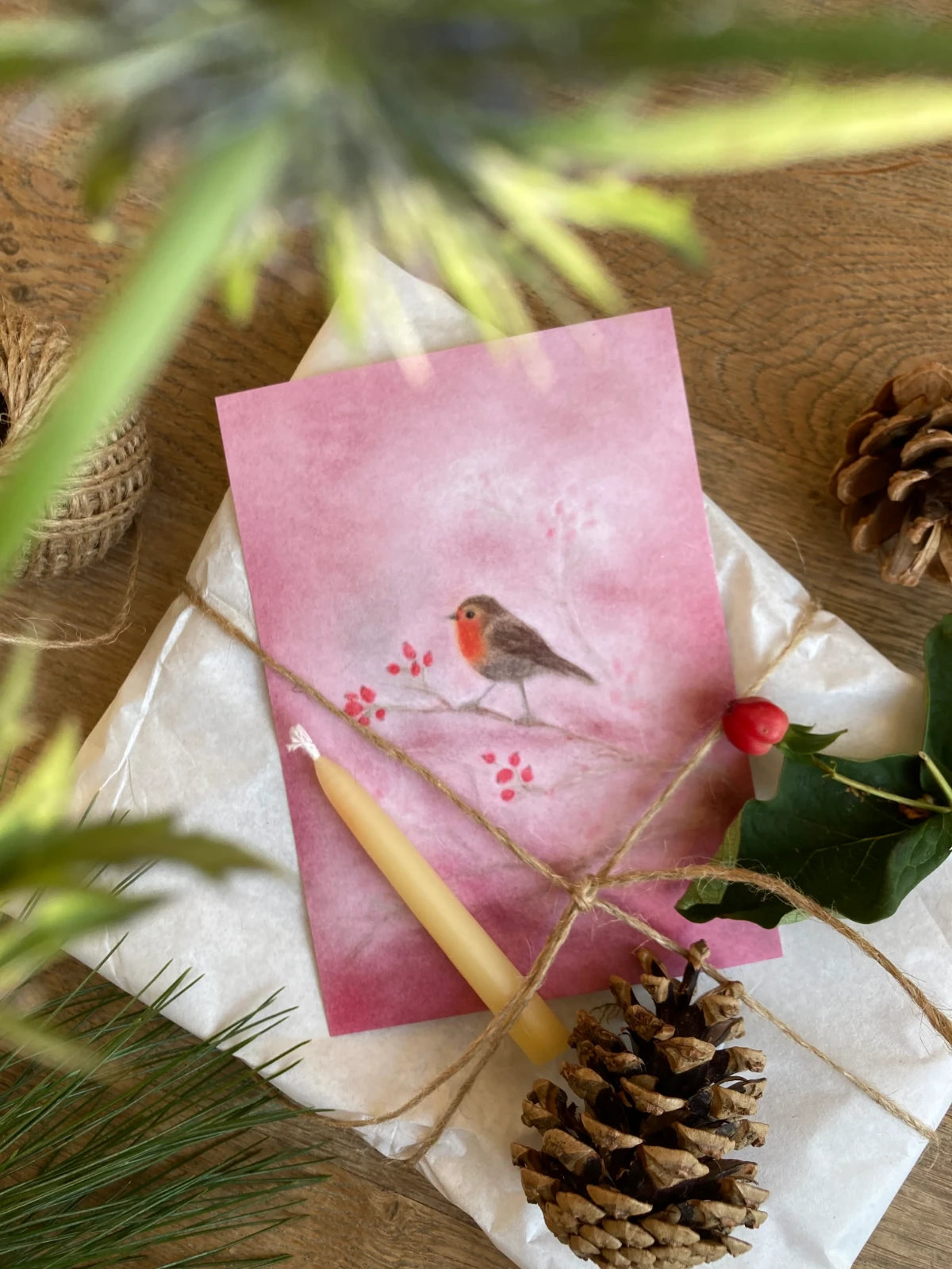 Postkarte Rotkehlchen von Andrea Reiß: Rotkehlchen in zarten Rosa- und Rottönen, Ansicht 3