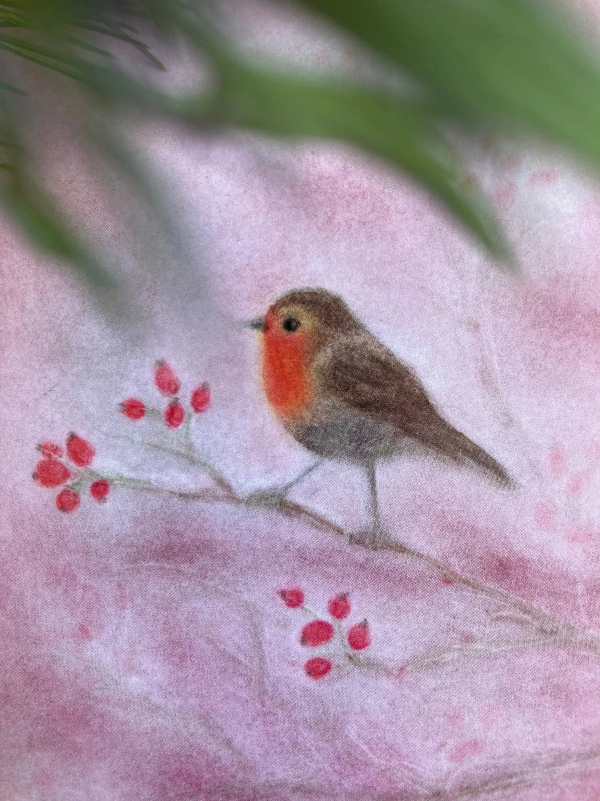 Postkarte Rotkehlchen von Andrea Reiß: Rotkehlchen in zarten Rosa- und Rottönen, Ansicht 4