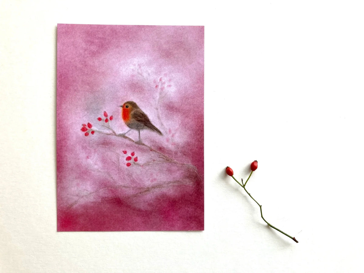 Postkarte Rotkehlchen von Andrea Reiß: Rotkehlchen in zarten Rosa- und Rottönen, Ansicht 5