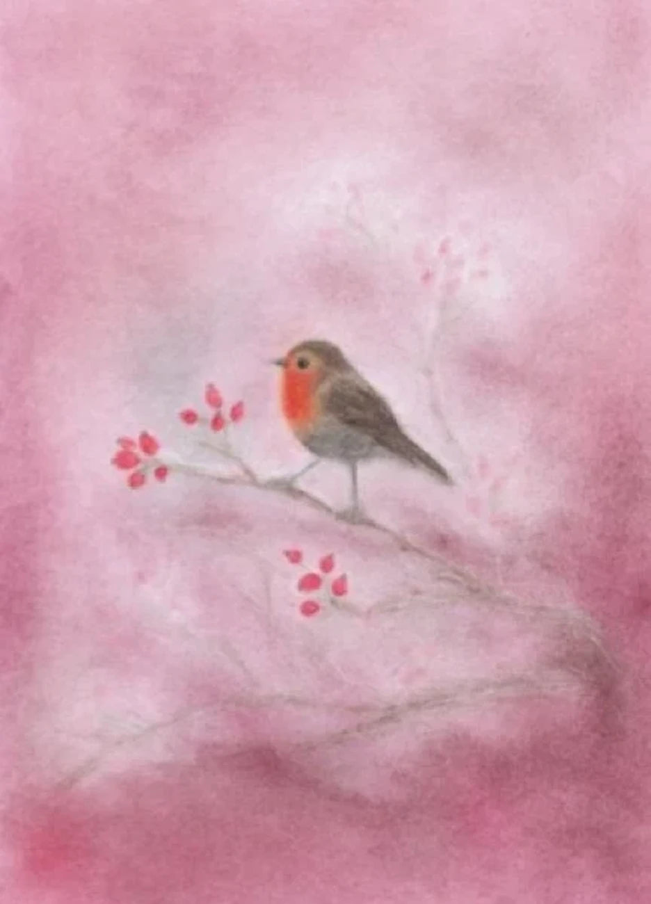 Postkarte Rotkehlchen von Andrea Reiß: Rotkehlchen in zarten Rosa- und Rottönen