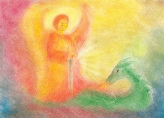 Postkarte Sankt Michael von Andrea Reiß: Sankt Michael mit dem Drachen