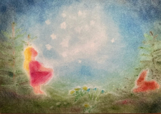 Postkarte Sterntaler von Andrea Reiß: Sterntaler-Mädchen in einem Garten unter leuchtenden Sternen