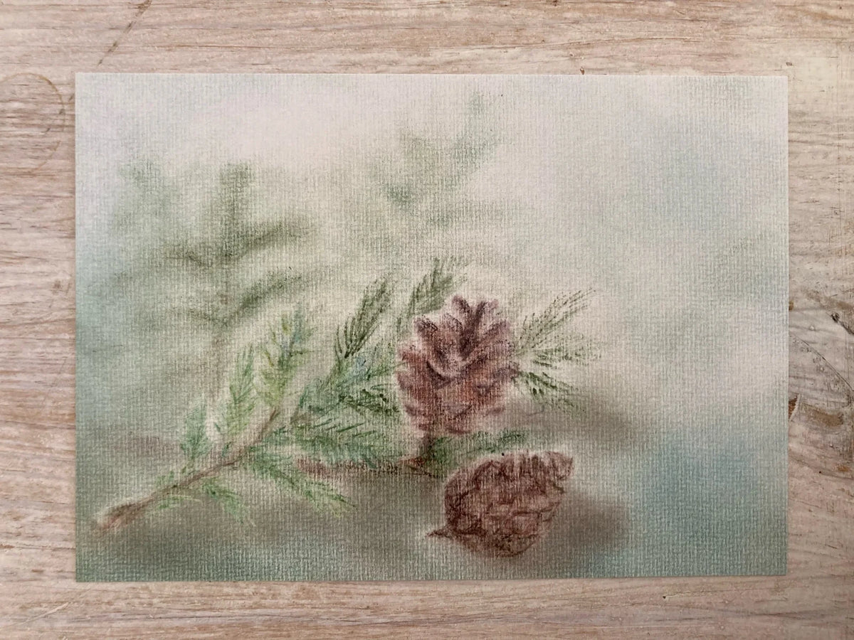 Postkarte Winterstimmung von Andrea Reiß: Tannenzweig mit Zapfen im Winter, Ansicht 4