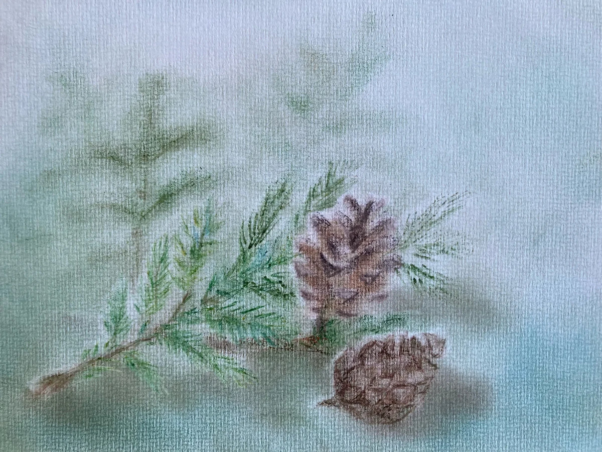 Postkarte Winterstimmung von Andrea Reiß: Tannenzweig mit Zapfen im Winter