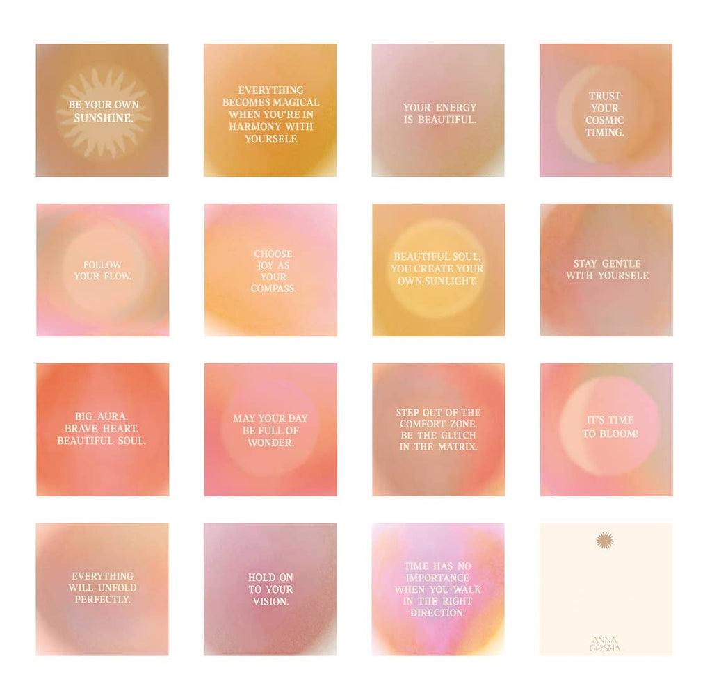 Kartenset „Be your own sunshine“ mit 15 Affirmationskarten von Anna Cosma, alle 15 Karten im Überblick