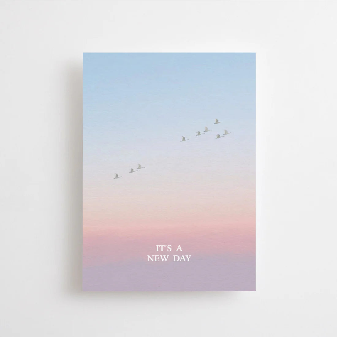 Postkarte It's a new day von Anna Cosma A6: eine Karte mit Himmel im Verlauf von Hellblau zu Rosé, kleinen Vögeln und dem Schriftzug „It’s a new day“
