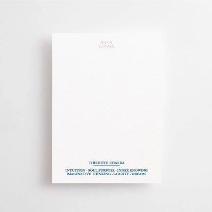 Postkarte It's already yours – Stirnchakra von Anna Cosma A6, Rückseite mit den Themen des Chakras