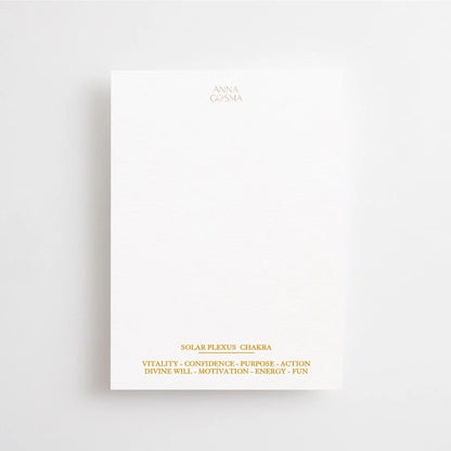 Postkarte You are here to shine – Solarplexus-Chakra von Anna Cosma A6, Rückseite mit den Themen des Chakras