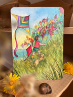 Kunstdruck Drachensteigen von Anne Gies A5, Kunstdruck mit Kind und Hund beim Drachensteigen im hohen Gras