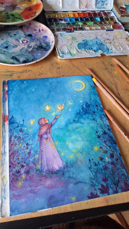 Original-Aquarell Nachtfalter von Anne Gies mit Farbkasten auf dem Maltisch, Foto