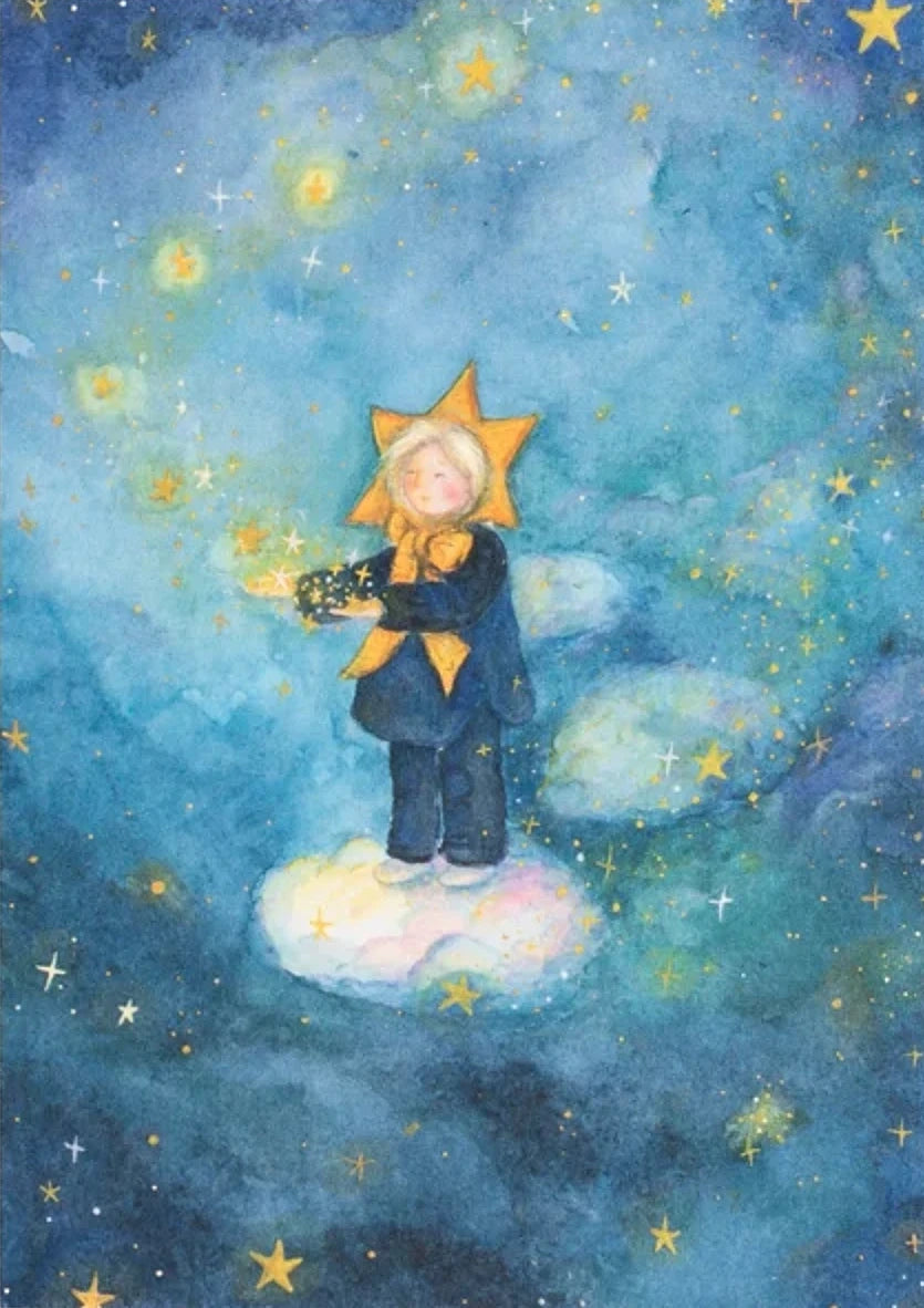 Kunstdruck Sternenkind von Anne Gies A4, Kind mit leuchtender Sternenkrone auf einer Wolke im Sternenhimmel