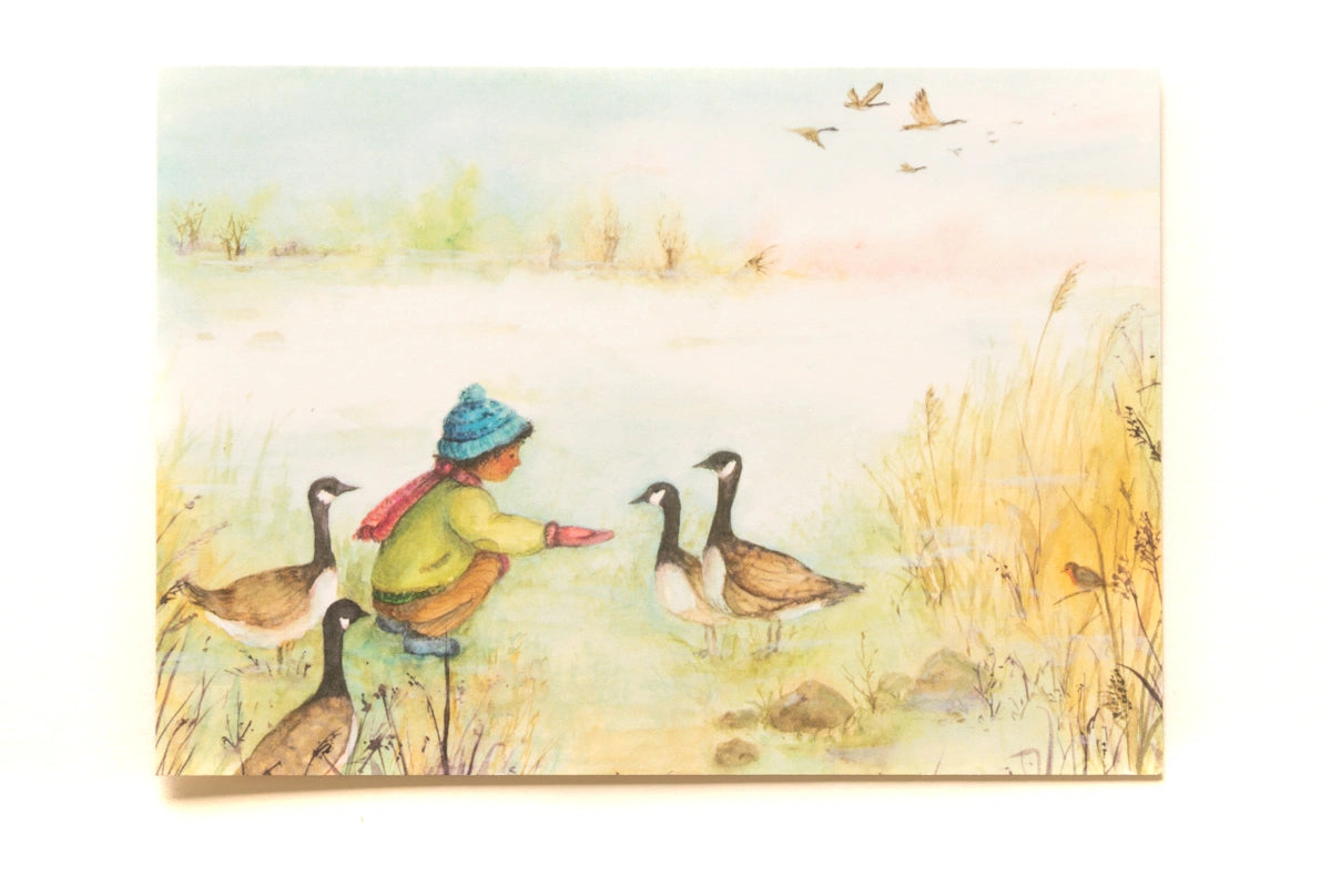 Postkarte Gänse von Anne Gies A6: ein Kind mit blauer Mütze und rotem Schal hockt am Seeufer und füttert Wildgänse, am Himmel ziehen weitere Gänse vorbei