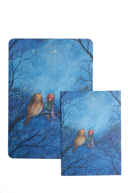 Postkarte Sternenfunkeln von Anne Gies A6 neben dem Kunstdruck A5 im Größenvergleich