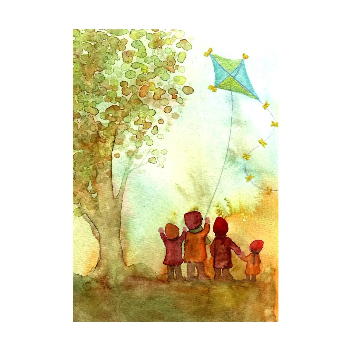 Vier Kinder mit Drachen