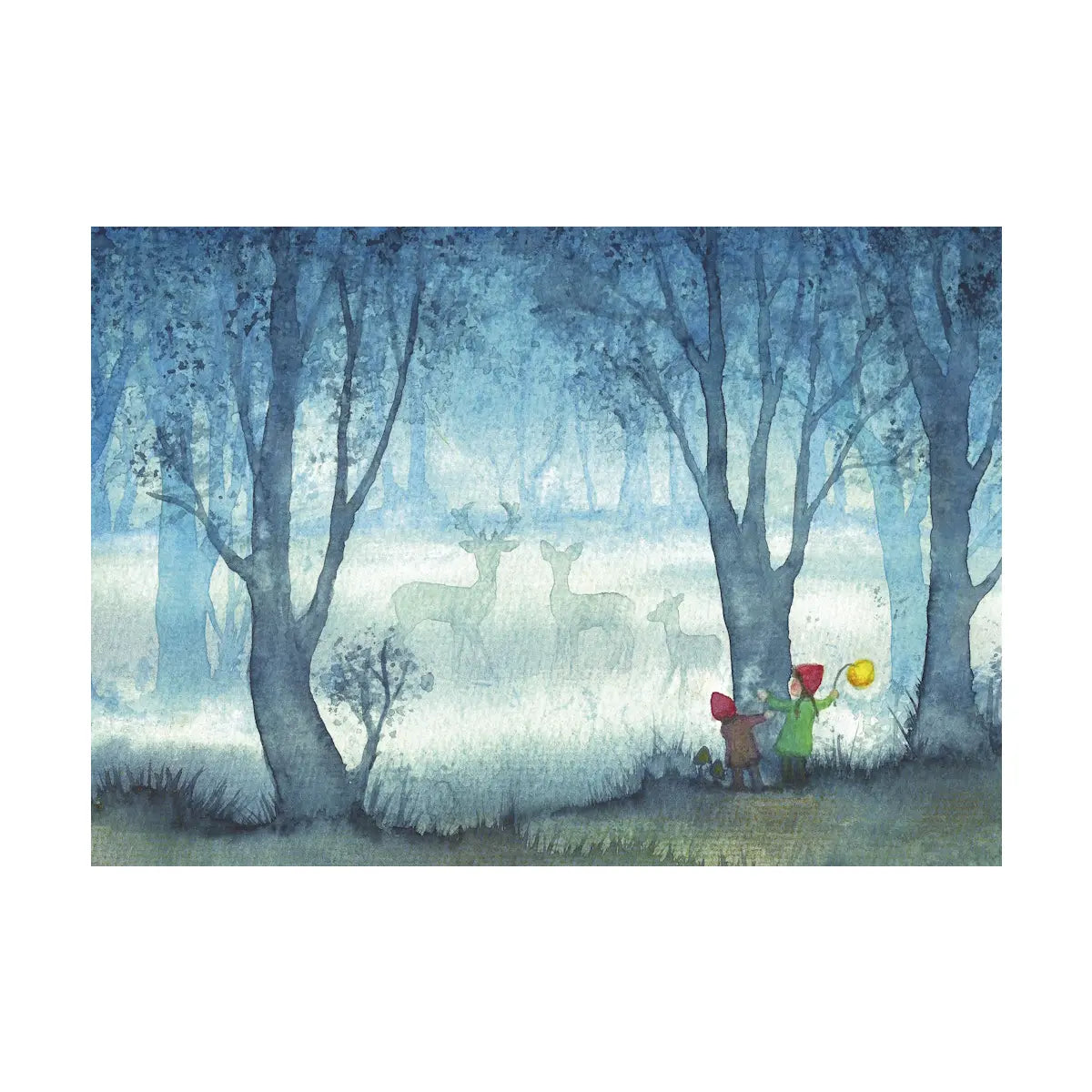 Postkarte Wichtel und Rehe im Nebel von Anne Hunold A6