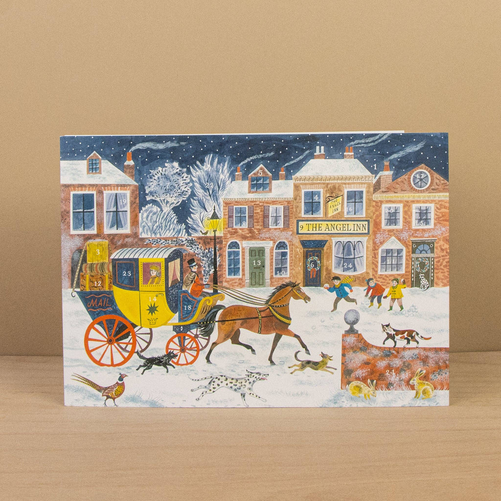 Adventskalender-Karte Angel Inn von Emily Sutton A5, verschneite Straße mit Postkutsche vor dem Gasthaus