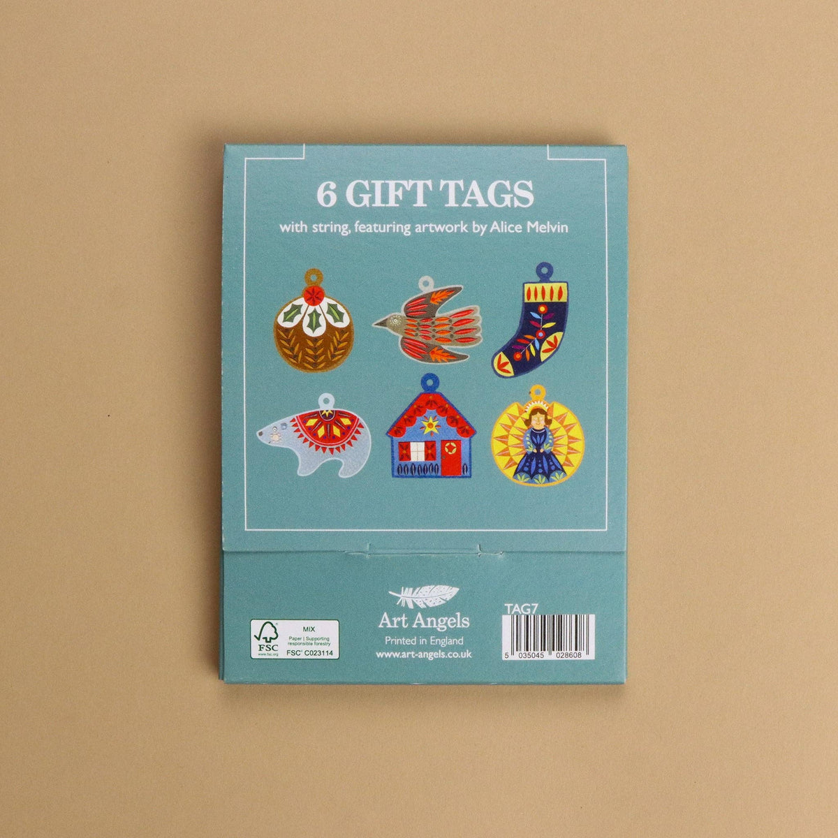 Geschenkanhänger Baumschmuck von Alice Melvin, Rückseite der Verpackung mit allen sechs Motiven