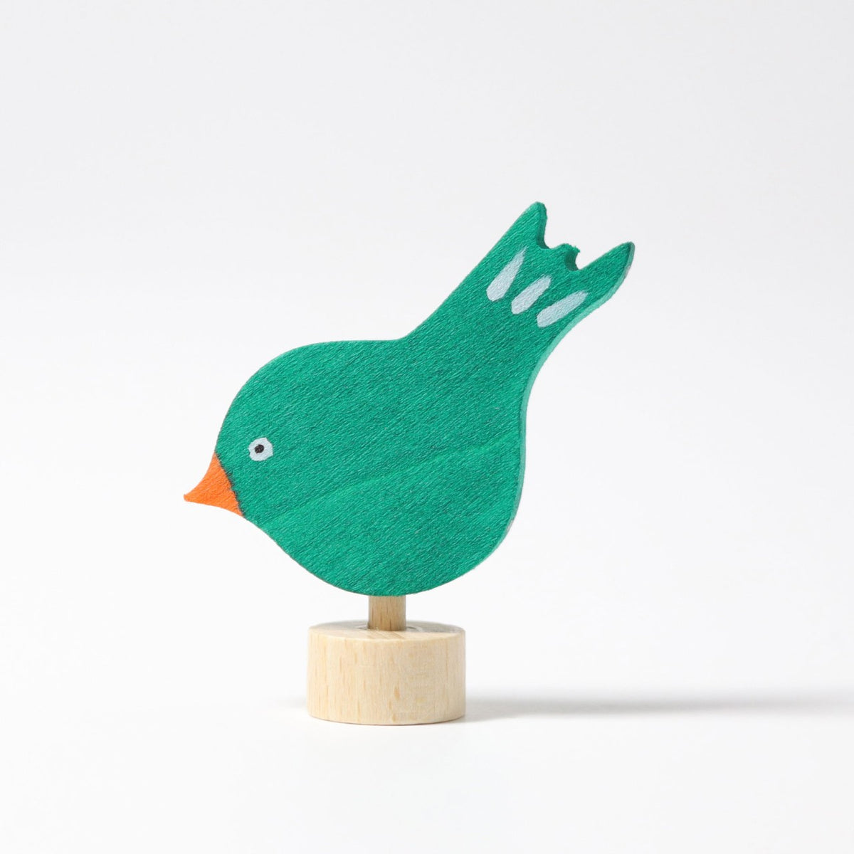 Grimm's Steckfigur pickender Vogel, der türkise Vogel ist aus Lindenholz und von Hand bemalt