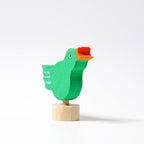 Grimm's Steckfigur singender Vogel, der grüne Vogel singt mit weit offenem Schnabel