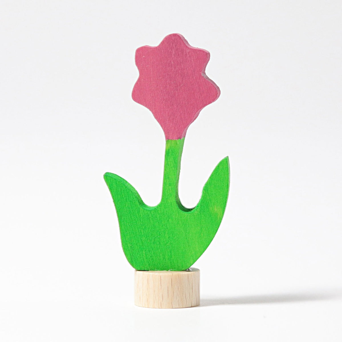 Grimm's Steckfigur rosa Blume, die rosa Blüte auf grünem Stiel ist aus Lindenholz und von Hand bemalt