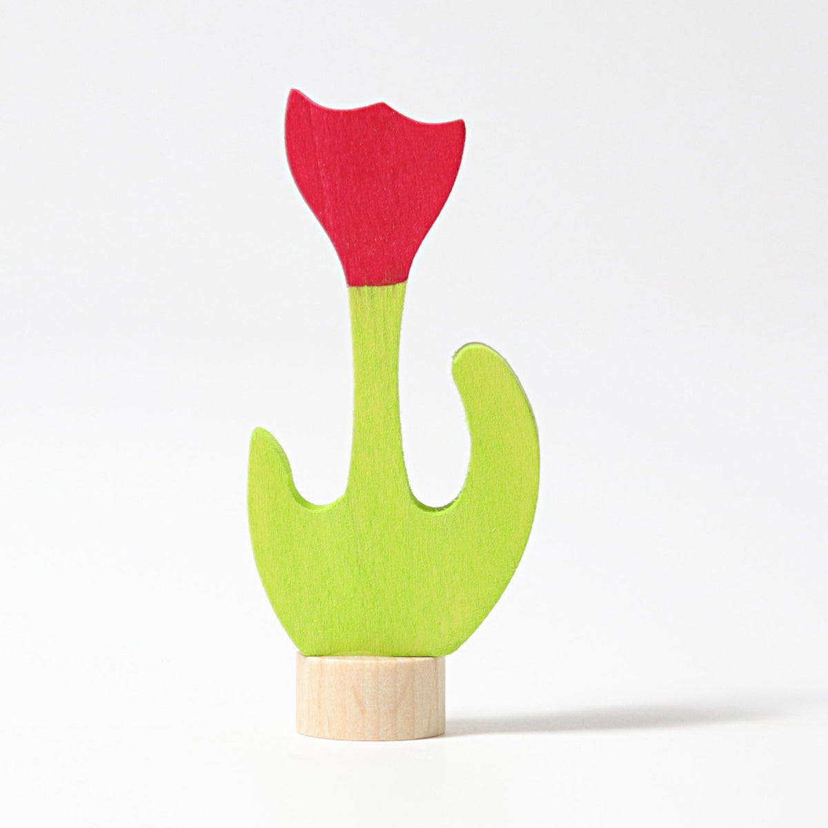 Grimm's Steckfigur Tulpe rot, die rote Tulpe steht auf grünem Stiel und ist aus Lindenholz handbemalt