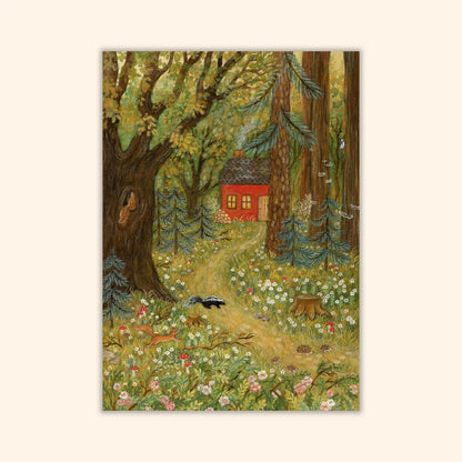 Postkarte Waldtreffen von Asia Spettel A6: ein Waldweg zu einer roten Hütte, ein Eichhörnchen im Baum und ein Stinktier auf dem Weg