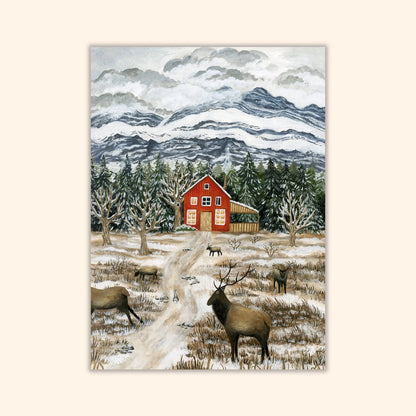 Postkarte Winter in den Bergen von Asia Spettel A6: ein rotes Haus in einer verschneiten Berglandschaft mit Hirschen und Tannen