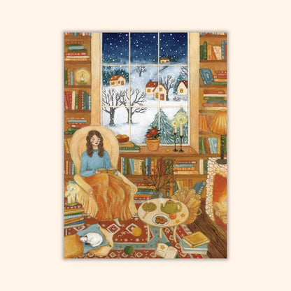 Postkarte Wintergemütlichkeit von Asia Spettel A6: jemand sitzt im Sessel zwischen Bücherregalen, mit Tee und einer Katze, draußen ein verschneites Dorf