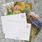 Postkarte Wintermeisen von Asia Spettel A6, Rückseite mit Adresslinien und Briefmarkenfeld, daneben weitere Karten