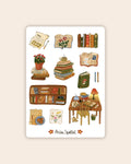 Stickerbogen Bücherliebhaber von Asia Spettel A6, Stickerbogen mit Bücherstapeln, Bücherregal, Schreibtisch, Tee und Kerzen