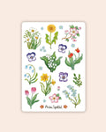 Stickerbogen Frühlingsblumen von Asia Spettel A6, Stickerbogen mit Tulpen, Stiefmütterchen, Narzissen, Maiglöckchen und Vergissmeinnicht
