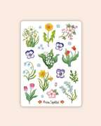 Stickerbogen Frühlingsblumen von Asia Spettel A6, Stickerbogen mit Tulpen, Stiefmütterchen, Narzissen, Maiglöckchen und Vergissmeinnicht