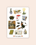 Stickerbogen Hexenhafte Dinge von Asia Spettel A6, Stickerbogen mit Hexenkessel, Hexe auf dem Besen, Fledermäusen, Fliegenpilz, Kerze und Büchern