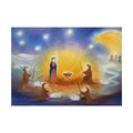 Postkarte Christi Geburt von Baukje Exler A6, Maria an der Krippe im Licht, um sie herum Hirten und Schafe, oben ein Komet und Sterne