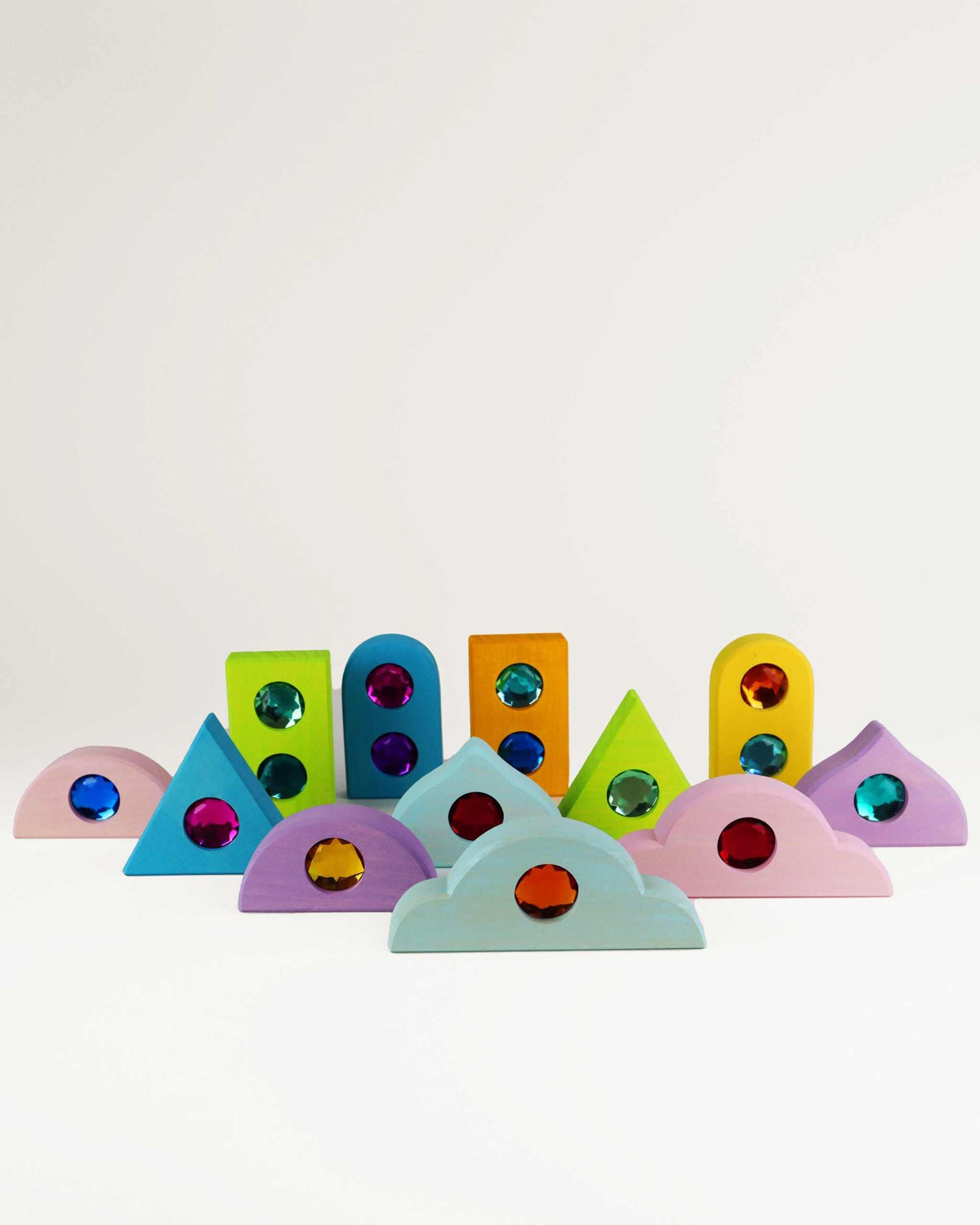 Bauspiel Holzbausteine Funkeldächer Pastell, 12 Holzdächer in sechs Formen mit glitzernden Funkelsteinen