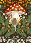 Postkarte Pilzhaus von Belle & Boo A6, ein großes Fliegenpilzhaus mit Tür und Fenster steht zwischen Eichenlaub und Eicheln und ein Kind schaut heraus
